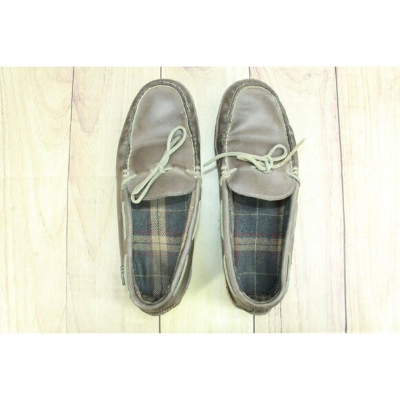 LL Bean Flannel Lined Moccasin Slippers Brown Leather Handsewn Size 11 M - Picture 7 of 9